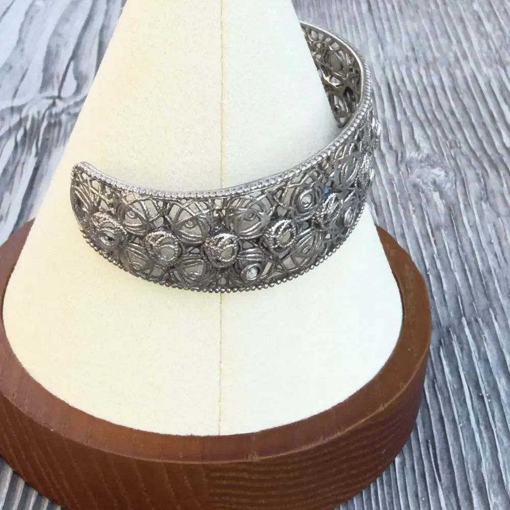 Gimet Italy 925 Sterling Silver Filigree Floral Rose Wide Cuff Bracelet (140)